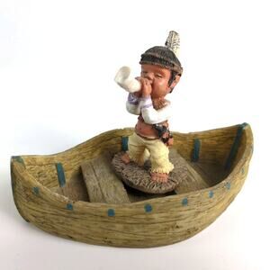 Vintage Native American Indian Boy with Horn & Canoe Resin Figurines